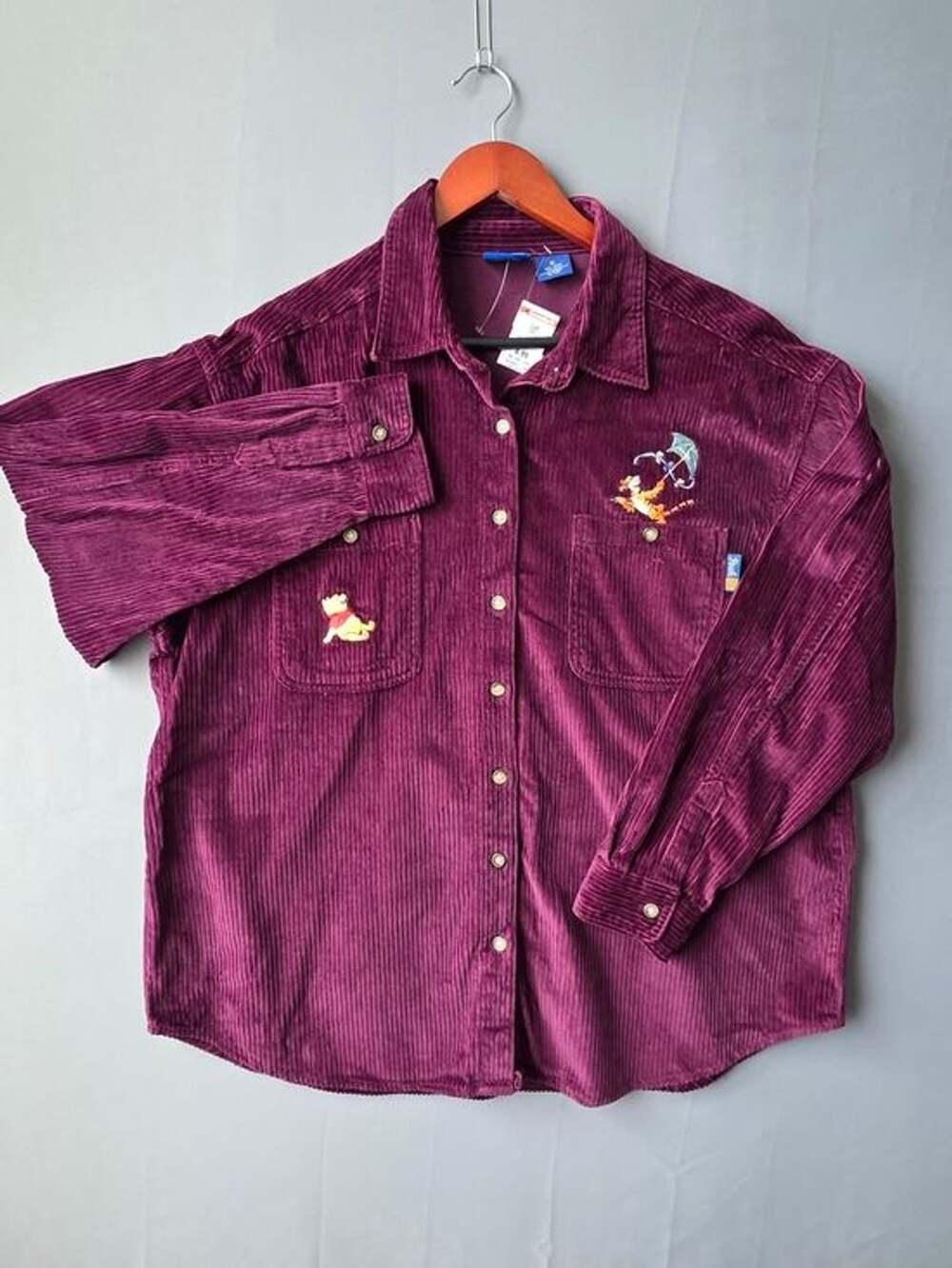 Disney Winnie the Pooh Tigger Corduroy Shirt Jacket XL Burgundy Embroidered